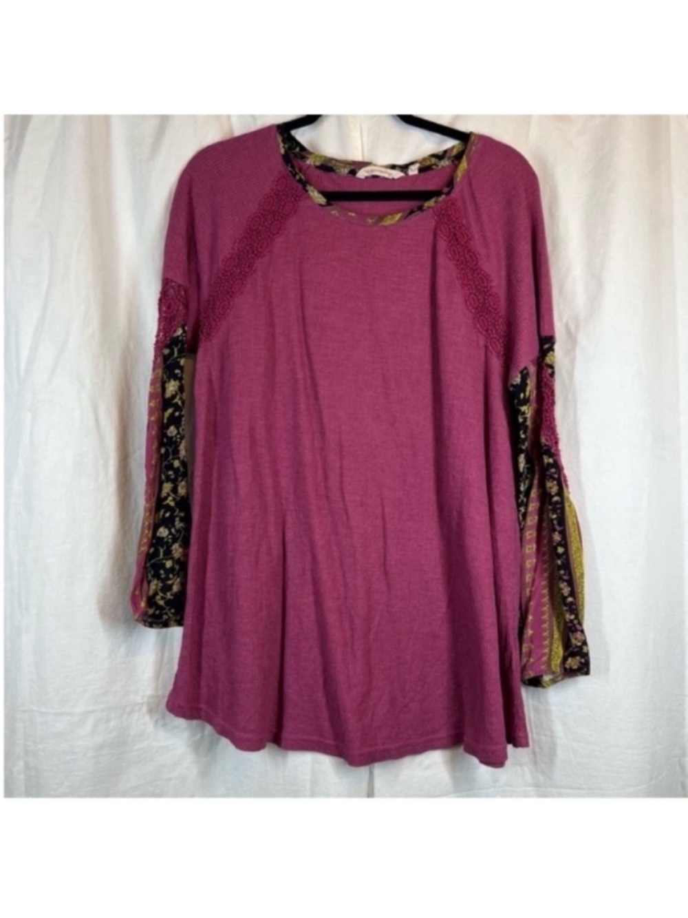 Soft surroundings mixed media floral crochet thermal waffle knit long sleeve